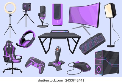 Streamer-Tools. Game Stream Setup professionelle Ausrüstung, Cyber-Gaming-Unterhaltung Arbeiten Pro-Gamer-Zubehör Online-Live-Kamera-Monitor-Schreibtisch-PC, Set ordentliche Vektor-Illustration