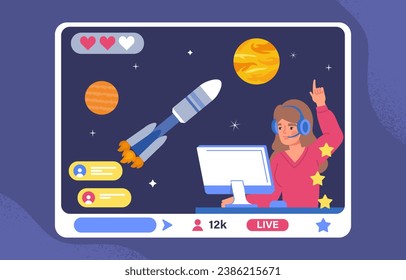 Streamer of video game concept. Woman in headphones with computer monitor record arcade or video game. Blogger create content. Cartoon flat vector illustration isolated on blue background