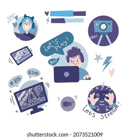 Streamer video games flat vector illustration.  Bloggers, pro gamers and influencers live streaming. Concept colorful illustrations of joystick, camera, monitor, headphones, tablet isolated on white.