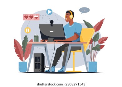 Streamer yellow concept with people scene in the flat cartoon design. A blogger records a stream for his followers. Vector illustration.