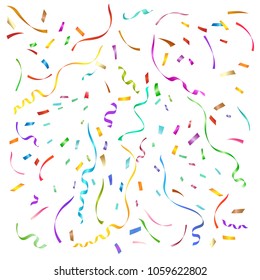 Streamers and confetti. Brightly festival or party vector decoration, wedding event decor falling streamer ribbons fun elements
