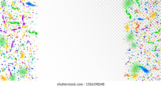 Streamers and confetti. Colorful tinsel and foil ribbons. Confetti border on white transparent background. Beautiful paty overlay template. Mesmeric celebration concept.