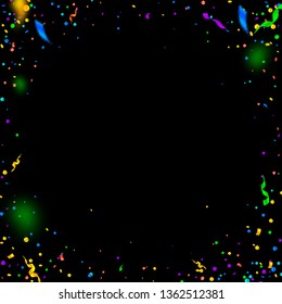 Streamers and confetti. Colorful tinsel and foil ribbons. Confetti vignette on black background. Beautiful paty overlay template. Excellent celebration concept.