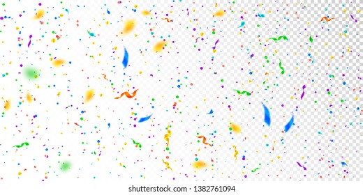 Streamers And Confetti. Colorful Tinsel And Foil Ribbons. Confetti Falling Rain On White Transparent Background. Bewitching Paty Overlay Template. Elegant Celebration Concept.