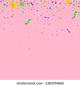 Streamers and confetti. Colorful tinsel and foil ribbons. Confetti gradient on pink background. Beauteous paty overlay template. Exotic celebration concept.