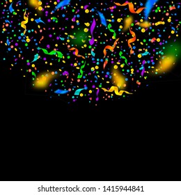 Streamers and confetti. Colorful tinsel and foil ribbons. Confetti semicircle on black background. Beautiful paty overlay template. Alluring celebration concept.