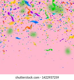 Streamers and confetti. Colorful tinsel and foil ribbons. Confetti falling rain on pink background. Awesome paty overlay template. Indelible celebration concept.