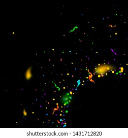 Streamers and confetti. Colorful tinsel and foil ribbons. Confetti corner on black background. Authentic paty overlay template. Fascinating celebration concept.