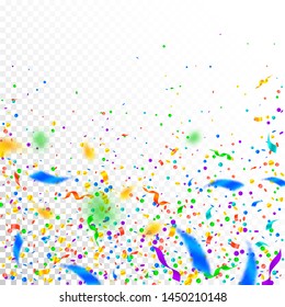 Streamers and confetti. Colorful tinsel and foil ribbons. Confetti falling rain on white transparent background. Awesome paty overlay template. Outstanding celebration concept.
