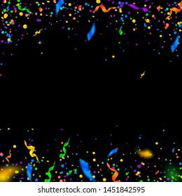 Streamers and confetti. Colorful tinsel and foil ribbons. Confetti falling rain on black background. Awesome paty overlay template. Classic celebration concept.