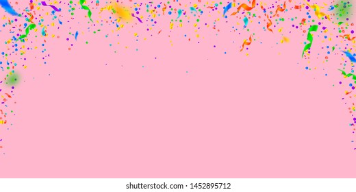Streamers and confetti. Colorful tinsel and foil ribbons. Confetti falling rain on pink background. Bewitching paty overlay template. Likable celebration concept.