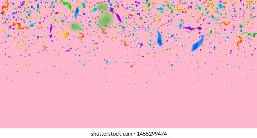 Streamers and confetti. Colorful tinsel and foil ribbons. Confetti gradient on pink background. Bizarre paty overlay template. Actual celebration concept.