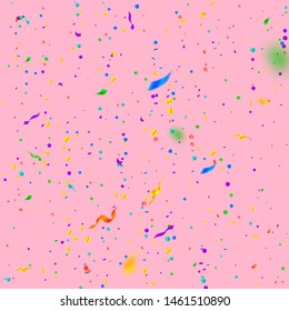 Streamers and confetti. Colorful tinsel and foil ribbons. Confetti falling rain on pink background. Awesome paty overlay template. Fantastic celebration concept.
