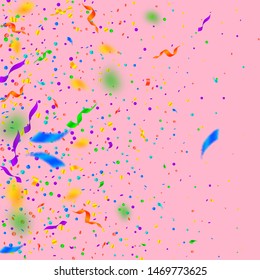 Streamers and confetti. Colorful tinsel and foil ribbons. Confetti gradient on pink background. Beauteous paty overlay template. Favorable celebration concept.