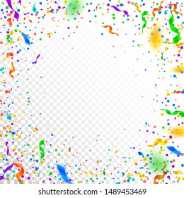Streamers and confetti. Colorful tinsel and foil ribbons. Confetti vignette on white transparent background. Beautiful paty overlay template. Cool celebration concept.