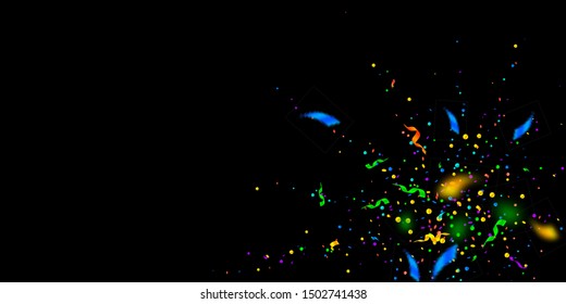 Streamers and confetti. Colorful tinsel and foil ribbons. Confetti explosion on black background. Beautiful paty overlay template. Powerful celebration concept.