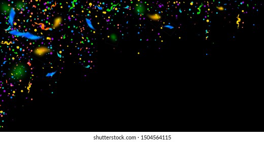 Streamers and confetti. Colorful tinsel and foil ribbons. Confetti falling rain on black background. Bewitching paty overlay template. Bizarre celebration concept.