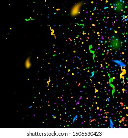 Streamers and confetti. Colorful tinsel and foil ribbons. Confetti gradient on black background. Beauteous paty overlay template. Interesting celebration concept.
