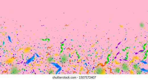 Streamers and confetti. Colorful tinsel and foil ribbons. Confetti falling rain on pink background. Bewitching paty overlay template. Mind-blowing celebration concept.