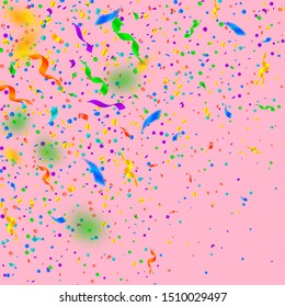 Streamers and confetti. Colorful tinsel and foil ribbons. Confetti gradient on pink background. Beauteous paty overlay template. Amusing celebration concept.
