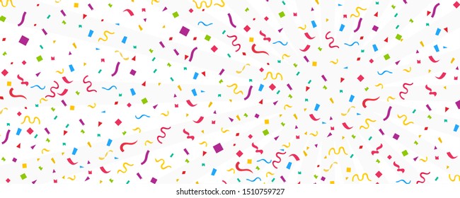 Streamers and confetti. Colorful tinsel and foil ribbons. Confetti falling rain on white background. . Elegant celebration concept. Background with many falling tiny confetti