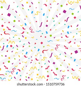 Streamers and confetti. Colorful tinsel and foil ribbons. Confetti falling rain on white background. . Elegant celebration concept. Background with many falling tiny confetti
