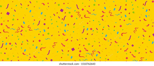 Streamers and confetti. Colorful tinsel and foil ribbons. Confetti falling rain on colorful background. Bewitching paty overlay template. Elegant celebration concept.