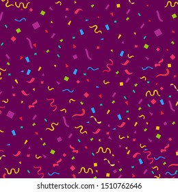 Streamers and confetti. Colorful tinsel and foil ribbons. Confetti falling rain on colorful background. Bewitching paty overlay template. Elegant celebration concept.