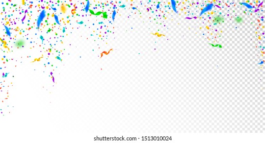 Streamers and confetti. Colorful tinsel and foil ribbons. Confetti falling rain on white transparent background. Bewitching paty overlay template. Extra celebration concept.