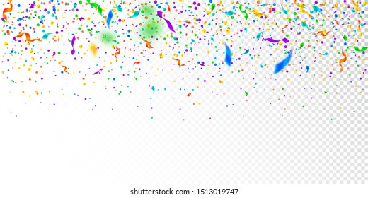 Streamers And Confetti. Colorful Tinsel And Foil Ribbons. Confetti Gradient On White Transparent Background. Bizarre Paty Overlay Template. Admirable Celebration Concept.