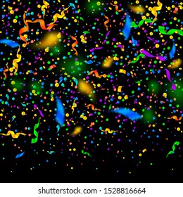 Streamers and confetti. Colorful tinsel and foil ribbons. Confetti gradient on black background. Beauteous paty overlay template. Bewitching celebration concept.