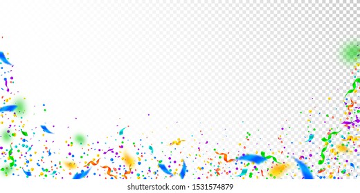 Streamers and confetti. Colorful tinsel and foil ribbons. Confetti falling rain on white transparent background. Bewitching paty overlay template. Fine celebration concept.