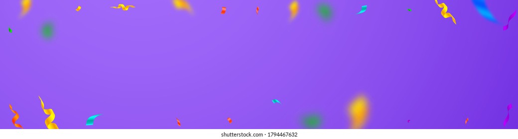 Streamers and confetti. Colorful streamers tinsel and foil ribbons. Confetti falling rain on violet background. Brilliant party overlay template. Elegant celebration concept.