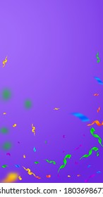 Streamers and confetti. Colorful streamers tinsel and foil ribbons. Confetti falling rain on violet background. Beautiful party overlay template. Vibrant celebration concept.