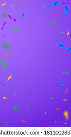 Streamers and confetti. Colorful streamers tinsel and foil ribbons. Confetti vignette on violet background. Beauteous party overlay template. Shapely celebration concept.