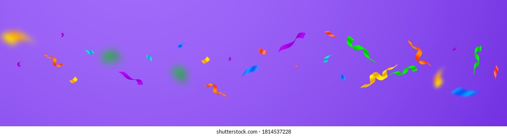 Streamers and confetti. Colorful streamers tinsel and foil ribbons. Confetti falling rain on violet background. Brilliant party overlay template. Comely celebration concept.