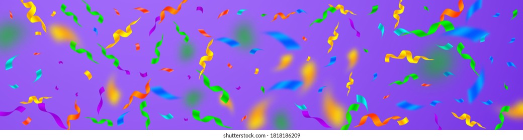 Streamers and confetti. Colorful streamers tinsel and foil ribbons. Confetti pattern on violet background. Breathtaking party overlay template. Rare celebration concept.