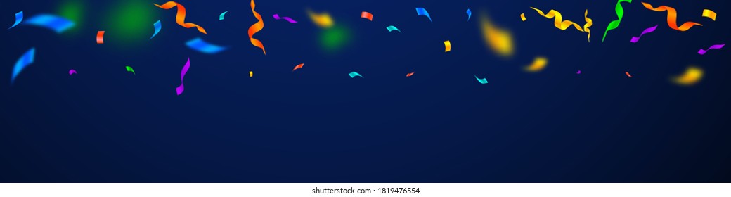 Streamers and confetti. Colorful streamers tinsel and foil ribbons. Confetti gradient on dark blue background. Brilliant party overlay template. Gorgeous celebration concept.