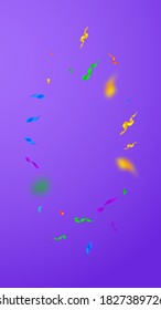 Streamers and confetti. Colorful streamers tinsel and foil ribbons. Confetti vignette on violet background. Beautiful party overlay template. Amusing celebration concept.
