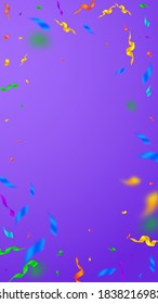 Streamers and confetti. Colorful streamers tinsel and foil ribbons. Confetti vignette on violet background. Beauteous party overlay template. Powerful celebration concept.