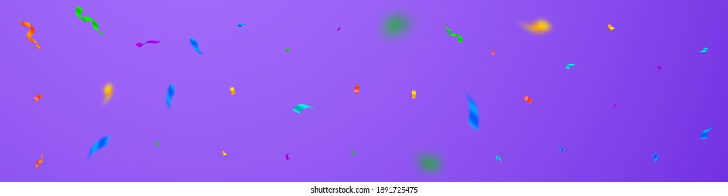 Streamers and confetti. Colorful streamers tinsel and foil ribbons. Confetti falling rain on violet background. Brilliant party overlay template. Amazing celebration concept.