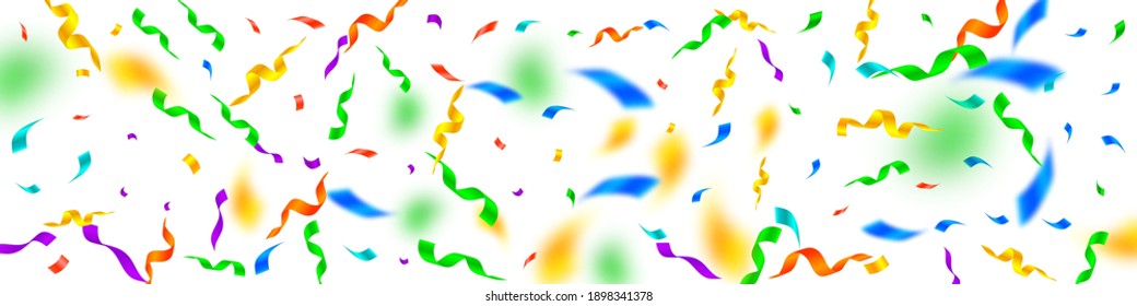 Streamers and confetti. Colorful streamers tinsel and foil ribbons. Confetti pattern on white background. Breathtaking party overlay template. Ravishing celebration concept.