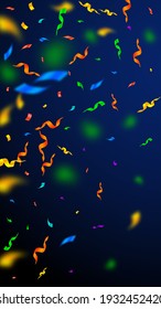 Streamers and confetti. Colorful streamers tinsel and foil ribbons. Confetti gradient on dark blue background. Bewitching party overlay template. Optimal celebration concept.