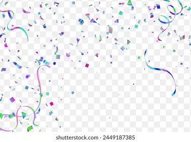 Streamers and confetti. Colorful streamers tinsel and foil ribbons. Confetti on transparent background. Creative celebration concept. Vector illustration.