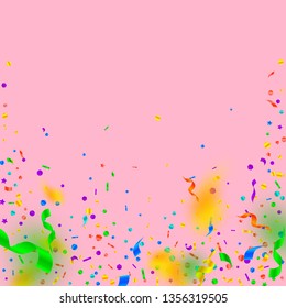 Streamers and confetti. Festive tinsel and foil ribbons. Confetti falling rain on pink background. Awesome paty overlay template. Bold celebration concept.