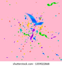 Streamers and confetti. Festive tinsel and foil ribbons. Confetti explosion on pink background. Authentic paty overlay template. Precious celebration concept.