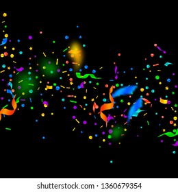 Streamers and confetti. Festive tinsel and foil ribbons. Confetti falling rain on black background. Awesome paty overlay template. Grand celebration concept.