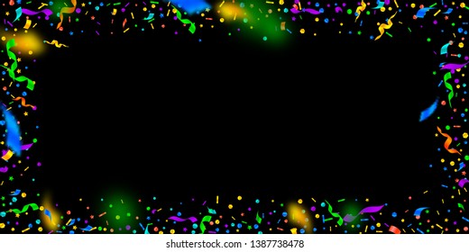 Streamers and confetti. Festive tinsel and foil ribbons. Confetti frame on black background. Bewitching paty overlay template. Unique celebration concept.