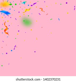 Streamers and confetti. Festive tinsel and foil ribbons. Confetti corner on pink background. Authentic paty overlay template. Incredible celebration concept.