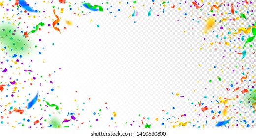 Streamers and confetti. Festive tinsel and foil ribbons. Confetti vignette on white transparent background. Bizarre paty overlay template. Gorgeous celebration concept.